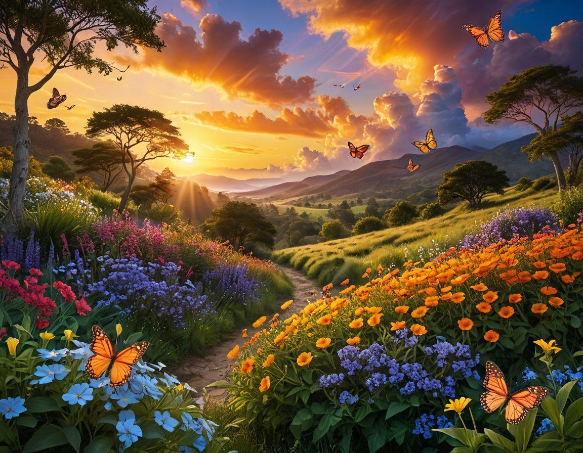 A radiant sunrise over a lush landscape, symbolizing the start of joyful creativity. Include swirling colorful patterns of light and imagery representing diverse forms of content like videos, blogs, and art. Add playful elements like butterflies and flowers leaping from the ground, signifying engagement and delight. The overall ambiance should be vibrant and uplifting, capturing the essence of bliss. super-realistic. vibrant colors. dreamy background.