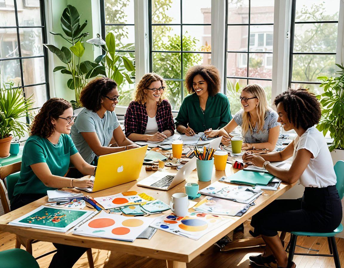 A whimsical scene depicting a diverse group of people joyfully collaborating around a large colorful table filled with art supplies, laptops, and coffee cups, with elements of creativity like paint splashes and cheerful doodles floating around. The setting is a bright, sunlit room with large windows, plants, and inspiration boards in the background. Emphasize a playful atmosphere, laughter, and engagement. vibrant colors. illustration.